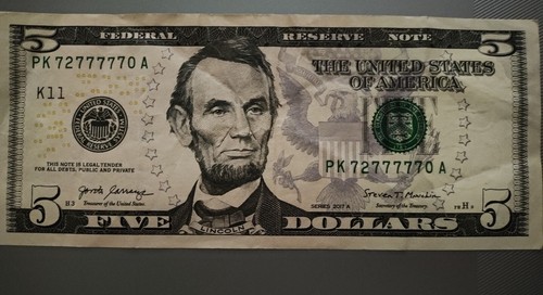 Lucky $5 Dollar Schein Fancy Seriennummer 72777770 selten US Five Note 2017 - Bild 1 von 4