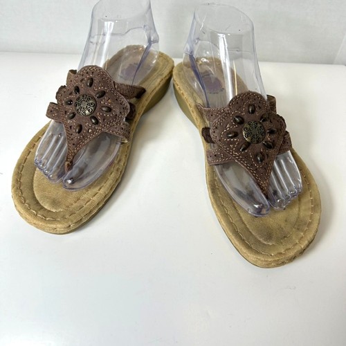 Earth Spirit Aimi Brown Beaded Suede Leather Thong Toe-Post Comfort Sandal Sz 8 - Picture 2 of 13