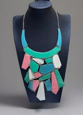 Bijoux Stel Colorful Enameled Pink, Turquoise Collar Bib Necklace & Earring New