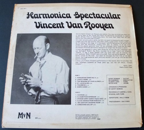 VINCENT VAN ROOYEN HARMONICA SPECTACULAR LP MVN SOUTH AFRICA (1973) VG - Imagen 3 de 5