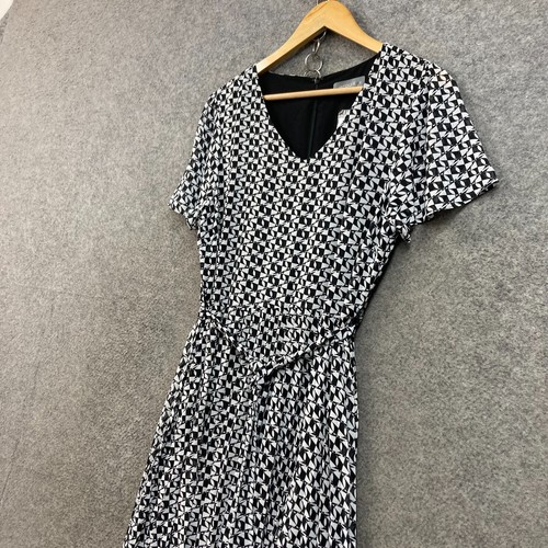 NEW Jacqui E Dress Womens 12 Black White Short Sleeve Belt V-neck Lined 49212 - Picture 2 of 12