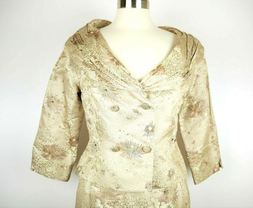 ADRIANNA PAPELL EVENINGS Women's 4p Gold & beige floral beaded silk dress suit - Picture 6 of 9