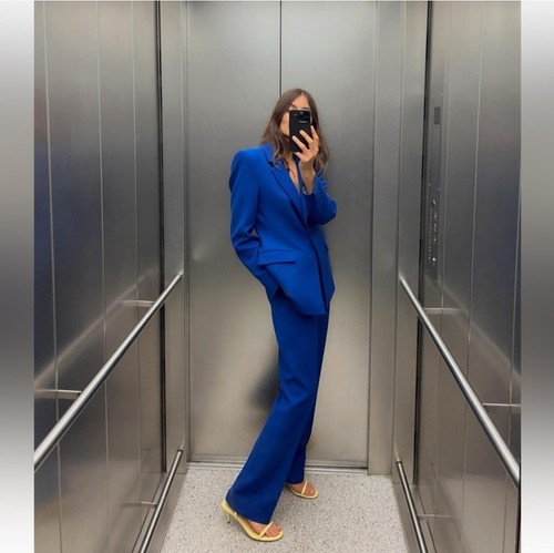 ZARA 2 PIECES MATCHING SET TOPSTITCHED FITTED BLAZER AND FLARED MID WAIST PANTS - Picture 2 of 13