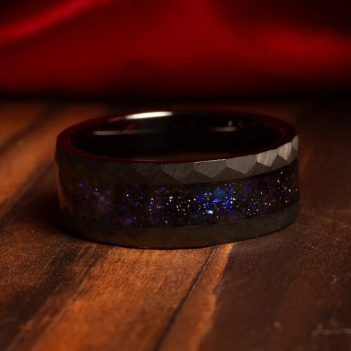 8mm Hammered Nebula, Blue Galaxy Inlay Black Steel Nebula Wedding Band RIng - Picture 3 of 10