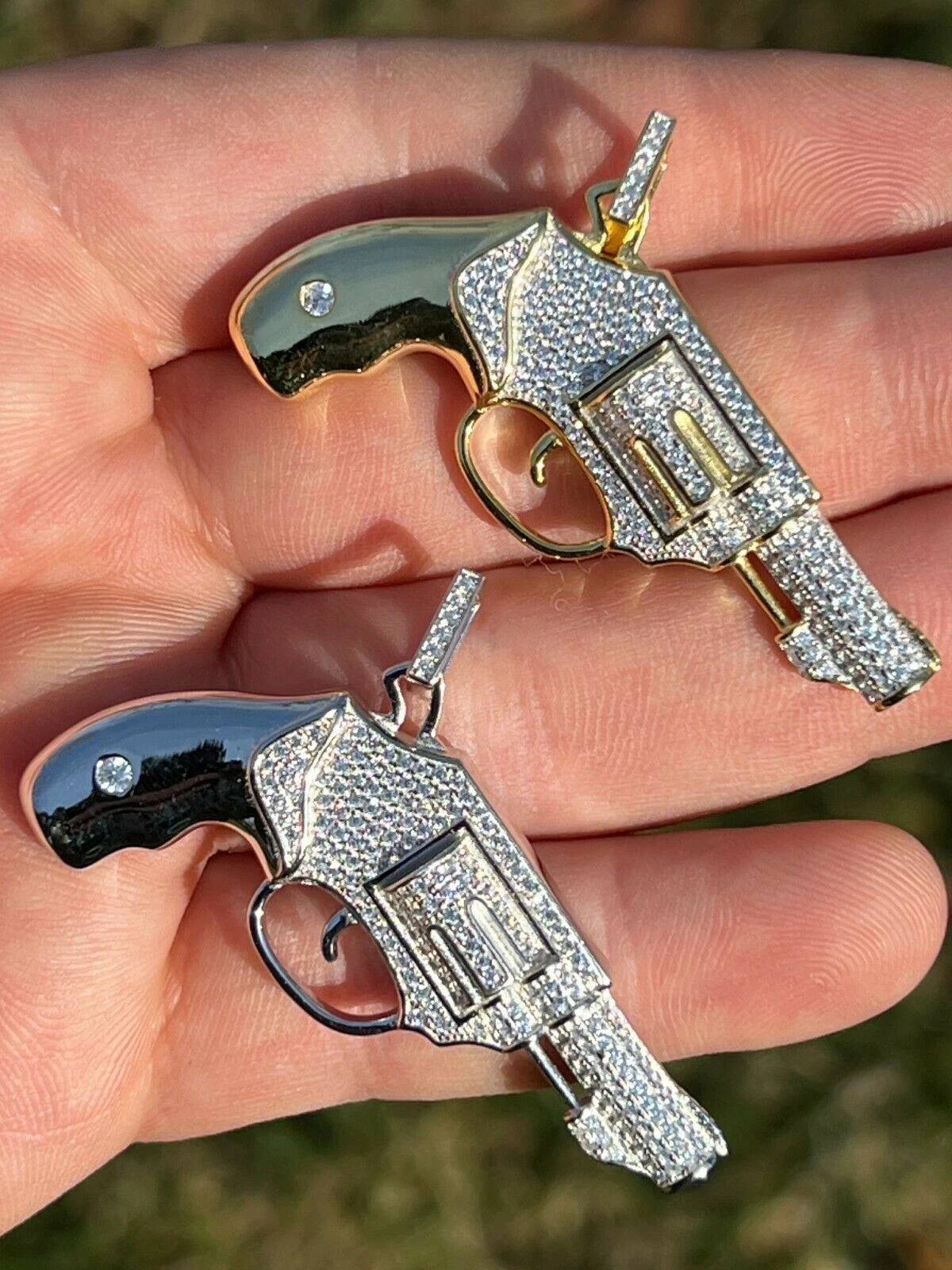 Pendentif rappeur pistolet revolver CZ en argent massif 925 plaqué or 14 carats