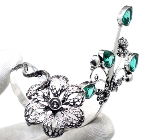 925 Sterling Silver Green Tourmaline Gemstone Jewelry Cuff Bracelet Size-ADJ - Bild 3 von 9