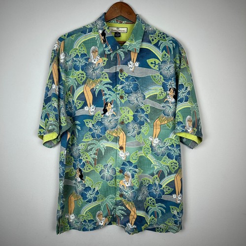 Tommy Bahama Shirt Mens Medium Blue Green Camp Hawaiian Hula Pinup Girls Buttons - Picture 1 of 14