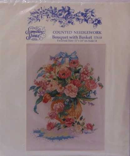 New 1990s Counted Needlework Bouquet with Basket Floral Flowers Kit Made in USA