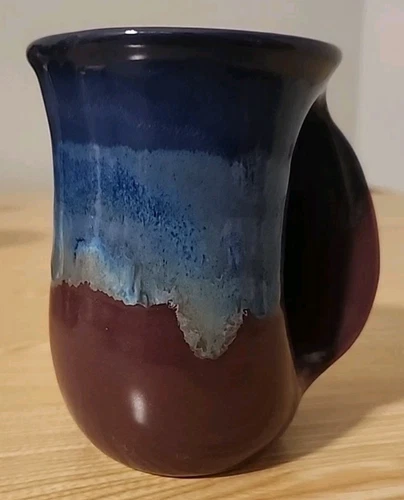 Neher Coffee Warming Mug Signed Pottery Drip Glaze 2015 Right Hand Purple Blue