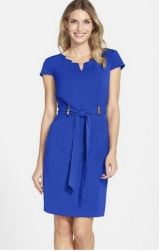 Ellen Tracy Women's Cap Sleeve V-Neck Belted Sheath Dress Size 8 Cobalt Blue - Picture 1 of 7