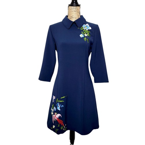 D&R klassisches besticktes Blumen Doppelkragen Kleid Damen Übergröße XXL blau - Bild 1 von 16