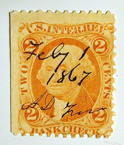 US Revenue Stamp #R6c – 1862-71 2-cent Bankcheck Orange Sheet Edge - 6 Stamps - Picture 5 of 5