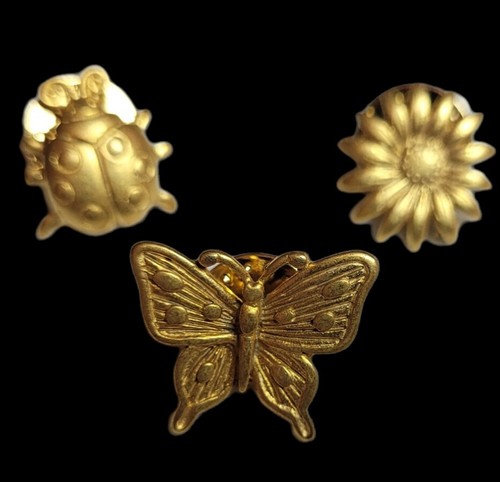 Vintage Artifacts by JJ Scatter Pin Trio BUTTERFLY Sunflower LADYBUG Gold Tone - Picture 2 of 4