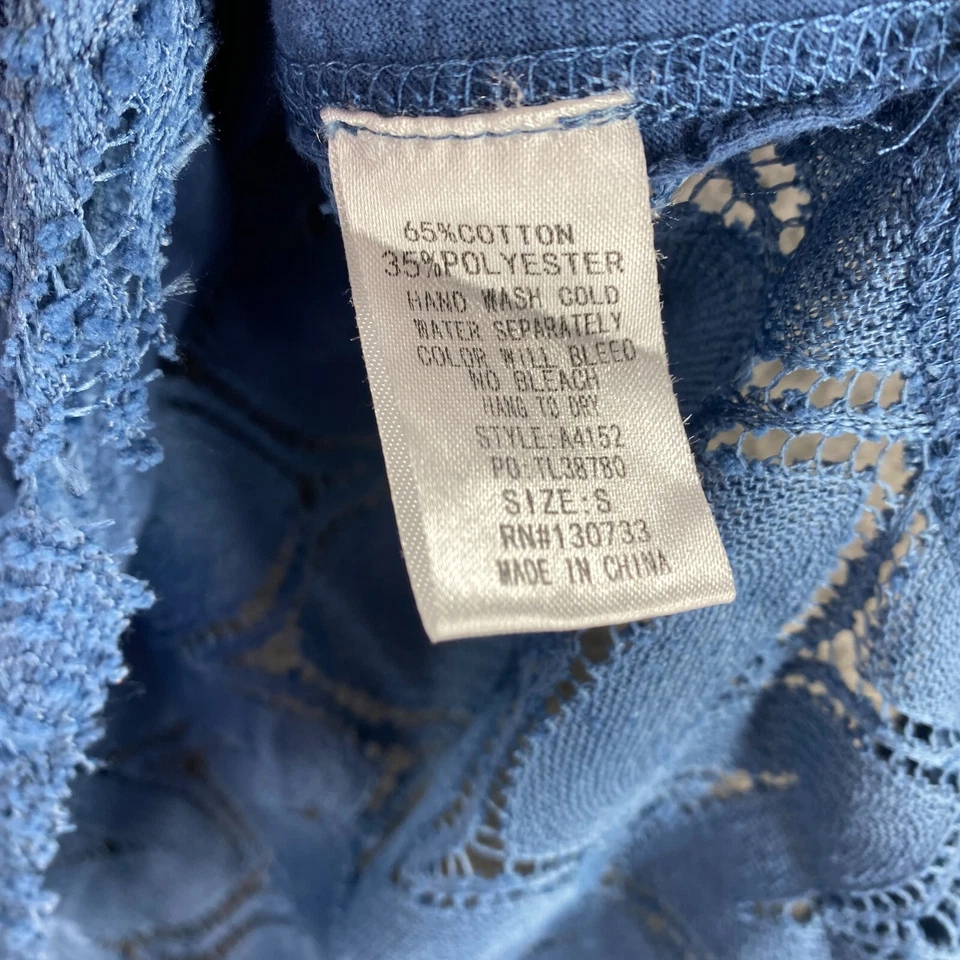 Camiseta Umgee Mujer S Pequeña Azul Geométrica Crochet Manga Corta Cuello Redondo Algodón Foto 4 de 4