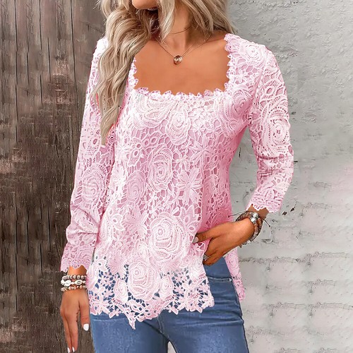Women Ladies Lace Solid Long Sleeve Party Casual Blouse T-Shirt Tunic Tops Tee - Picture 16 of 17