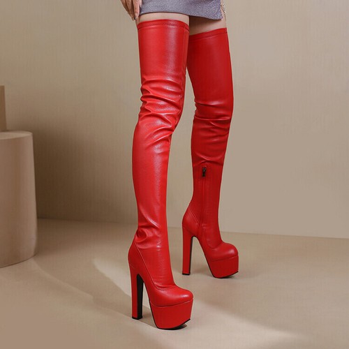 Women's Faux Leather Over The Knee Thigh Boots Sexy High Heels Platform Shoes - Picture 7 of 19