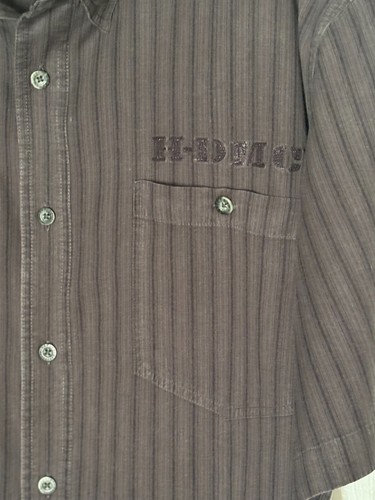 HARLEY-DAVIDSON Gray Striped Soldier Skull Mechanic Biker Button Up Shirt Sz XL - Picture 4 of 10