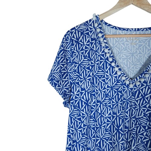Lilly Pulitzer Womens Etta Dress XL Blue White Pom Pom V Neck Short Sleeve Mini - Picture 4 of 12