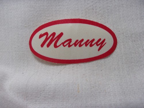 MANNY  USED ALL SILK SCREEN  SEW ON NAME PATCH TAGS OVAL RED ON WHITE - Picture 2 of 2