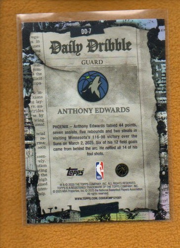 Anthony Edwards 2025-26 Topps Basketball The Daily Dribble #DD-7 - Foto 2 di 2