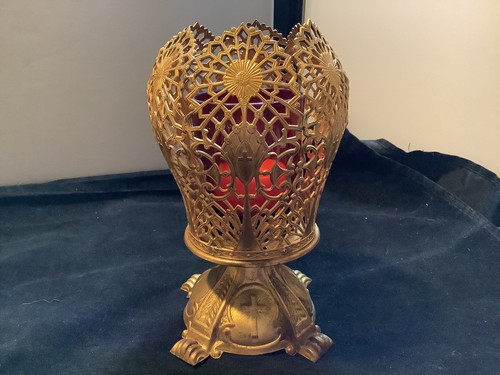 Religiöse Messing filigrane Kerzenlampe Lichterkette mit rotem Glas Windlichteinsatz - Bild 7 von 12