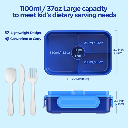 NUEVA Fiambrera Bento de 4 Compartimentos a Prueba de Fugas con Utensilios, Reutilizable, Azul - Imagen 4 de 7