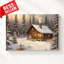 Wall Art Forest Christmas Snow Cabin Snowy Pine Retreat Wooden Nestled Canvas