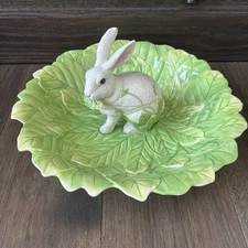 Fritz And Floyd Le Lapin Serving Chip & Dip Covered Bunny Dish on Leaves Cabbage