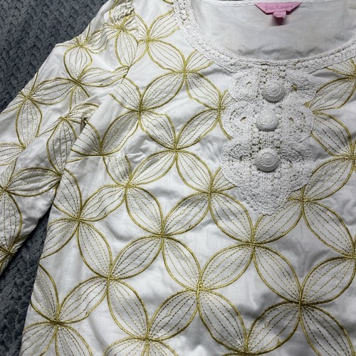 Lilly Pulitzer Gold Tunic Shirt Small Embroidered Shannon 3/4 Sleeve Lined - Picture 2 of 13