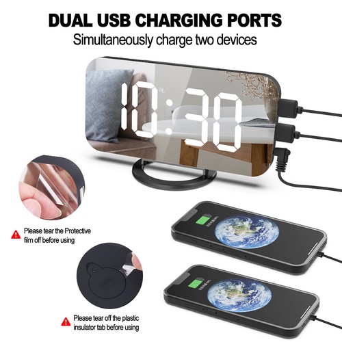 Digital Alarm Clock 6.5" Large LED Mirror Display Dual USB Charger Port Clocks - Picture 15 of 42