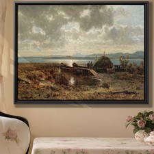 Vintage Oil Painting Canvas Print Wall Art Decor Mountain River Landscape Framed