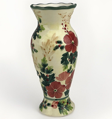 Hand Painted Floral Ceramic Vase Green Red Cream Scalloped Rim Pottery