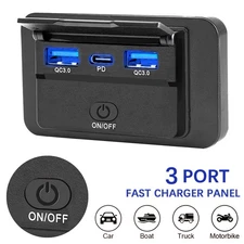 12V Dual USB QC3.0 & PD Port Car Fast Charger Socket Power Outlet Panel Switch