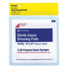 FIRST AID ONLY FAE-5005 Gauze Dressing Pad,White,3"L,3"W,PK10 3WHU2