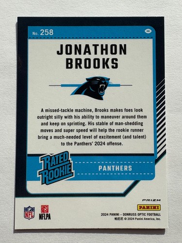 2024 Panini Donruss Optic - Jonathon Brooks #258 - Blue Scope Prizm (RC) - Picture 2 of 2
