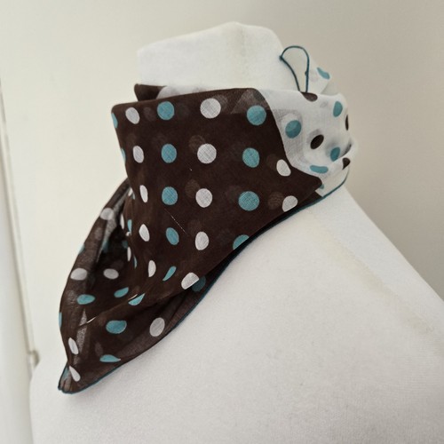 Vintage Neck Scarf  Brown White Turquoise Polka Dot 17" Square Serged Hem NWT  - Picture 7 of 7