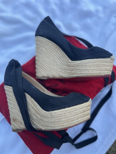 CHRISTIAN LOUBOUTIN Formentera Black Ankle Wrap Wedge Espadrilles Size 37 / 6.5 - Picture 4 of 15