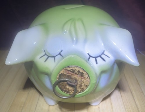 Hull Corky Pig Ceramic Piggy Bank in Green/White Glaze 1957 made in USA vintage - Picture 2 of 7