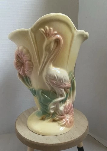 Vtg Hull Pottery Heron Crane Hibiscus Vase Art Deco 8.5"  USA yellow pink 1940's