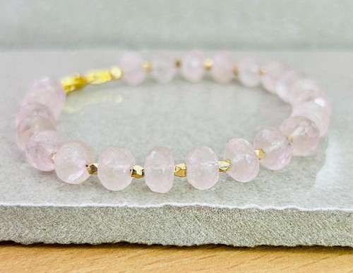 Natural Rose Quartz 6-8MM Faceted Rondelle Gemstone Beaded Women Bracelet 6-8" - Picture 1 of 16