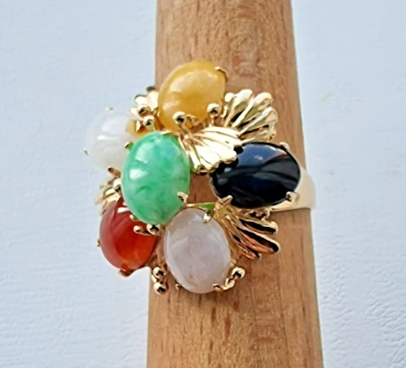 ANILLO FLOR JADEÍTA MULTICOLOR ORO AMARILLO 14K 585 VINTAGE TALLA 5,5, 5,1 GRAMOS Foto 2 de 4