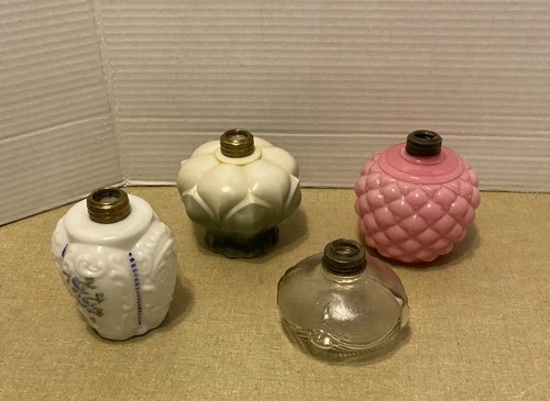 4 Antique/Vintage Miniature Oil Lamp Bases Pink Quilted, Milk Glass, Drapery +