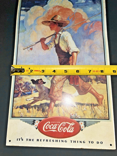 Insegna latta metallo Coca-Cola ragazzo con canna da pesca rinfrescante cosa da fare 1990 - Foto 12 di 12