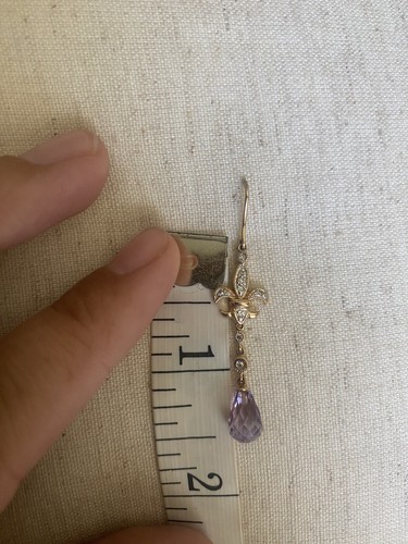 JCR Signed 14k 14 Karat Gold, Amethyst, Diamond Fleur De Lis Drop Earrings 3.4g - Picture 6 of 11