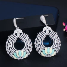 Luxury Enamel Flower White Gold Plated CZ Long Dangle Drop Big Women Earrings