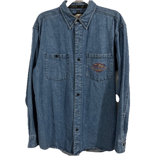 Harley Davidson Denim Jean Shirt Embroidered Flame Motorcycles Vintage Men's M - Picture 2 of 5