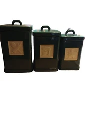 Vintage Roshco Forest Green Ceramic Canisters Full Set Of 3