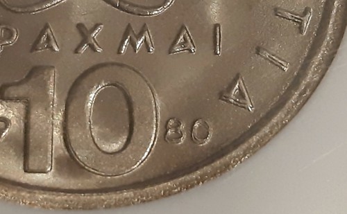 GREECE / 1980 10 Drachmai,Democritus Variery Double Die Obverse - NGC MS68 !! - Picture 3 of 3