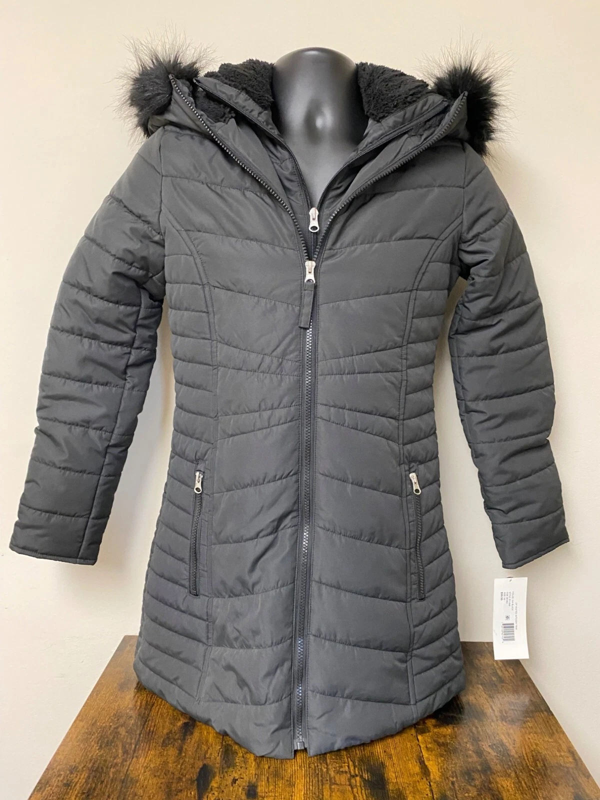 Maralyn & Me Women's Juniors' Black Faux Fur Trim Hooded Puffer Jacket Coat NWT