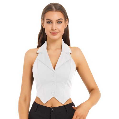 Women's V Neck Vest Lapel Halter Backless Button Down Pointed Hem Crop AU - Picture 27 of 53